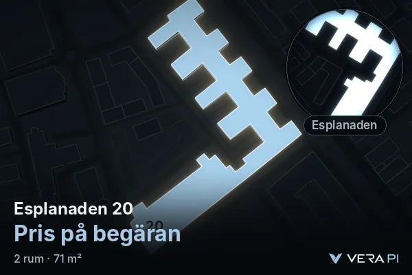 VERA PI:s bild av Esplanaden 20: huset i 3D, upplyst i blått, och kartan runt omkring