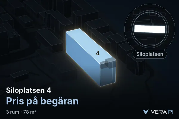 VERA PI:s bild av Siloplatsen 4: huset i 3D, upplyst i blått, och kartan runt omkring