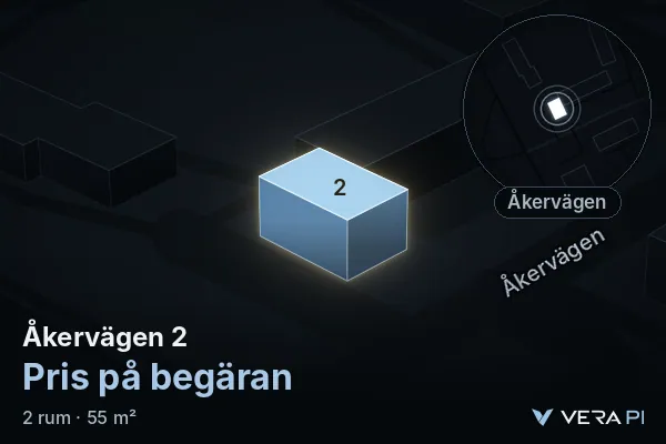 VERA PI:s bild av Åkervägen 2: huset i 3D, upplyst i blått, och kartan runt omkring