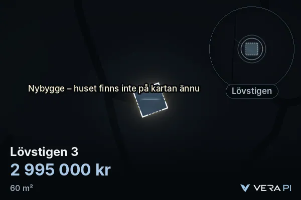 VERA PI's image of Lövstigen 3: the building in 3D, lit in blue, and the map around it