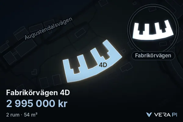 VERA PI:s bild av Fabrikörvägen 4D: huset i 3D, upplyst i blått, och kartan runt omkring