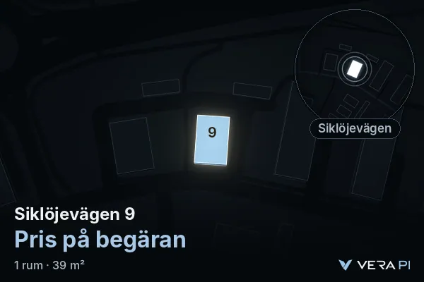VERA PI's image of Siklöjevägen 9: the building in 3D, lit in blue, and the map around it