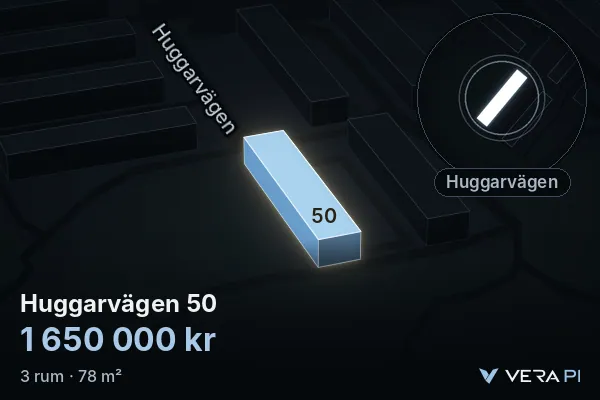 VERA PI:s bild av Huggarvägen 50: huset i 3D, upplyst i blått, och kartan runt omkring