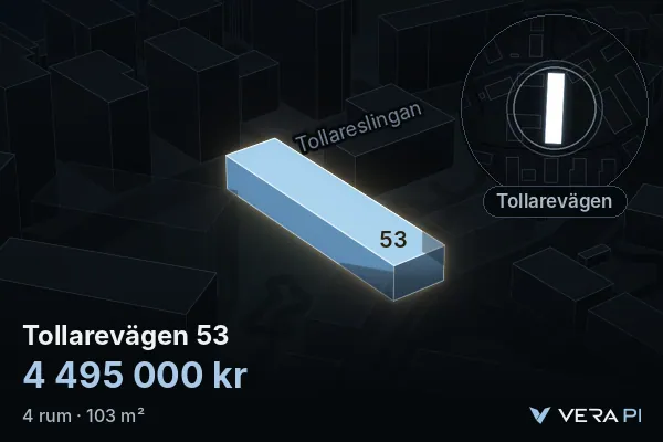 VERA PI's image of Tollarevägen 53: the building in 3D, lit in blue, and the map around it