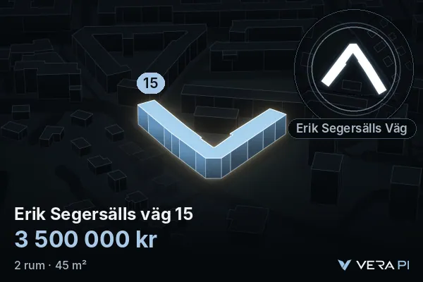 VERA PI's image of Erik Segersälls väg 15: the building in 3D, lit in blue, and the map around it