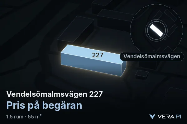 VERA PI:s bild av Vendelsömalmsvägen 227: huset i 3D, upplyst i blått, och kartan runt omkring