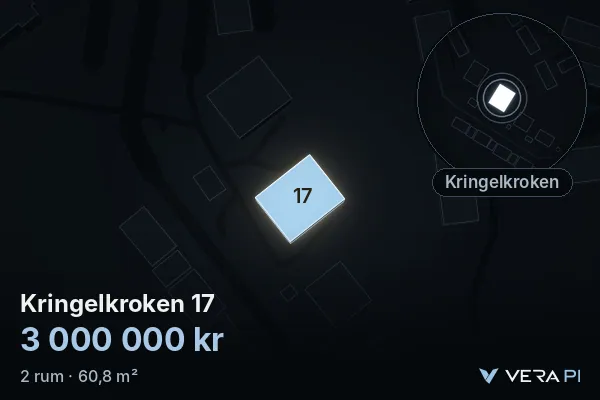VERA PI's image of Kringelkroken 17: the building in 3D, lit in blue, and the map around it
