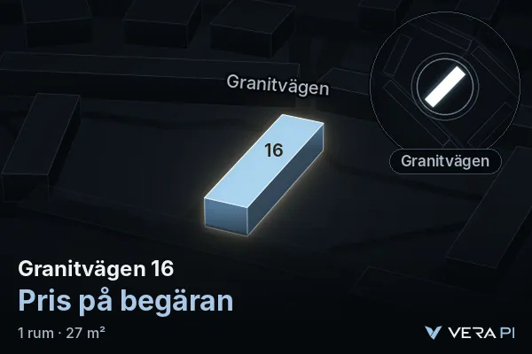 VERA PI:s bild av Granitvägen 16: huset i 3D, upplyst i blått, och kartan runt omkring