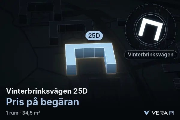 VERA PI:s bild av Vinterbrinksvägen 25D: huset i 3D, upplyst i blått, och kartan runt omkring