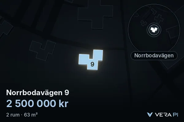 VERA PI:s bild av Norrbodavägen 9: huset i 3D, upplyst i blått, och kartan runt omkring