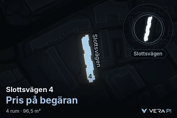 VERA PI's image of Slottsvägen 4: the building in 3D, lit in blue, and the map around it
