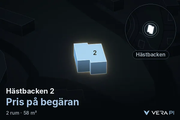 VERA PI:s bild av Hästbacken 2: huset i 3D, upplyst i blått, och kartan runt omkring