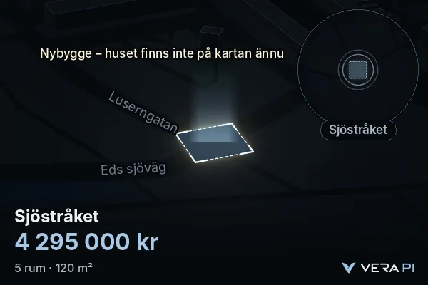 VERA PI:s bild av Sjöstråket: huset i 3D, upplyst i blått, och kartan runt omkring