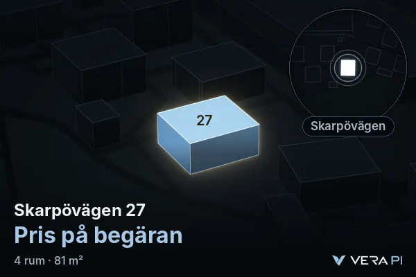 VERA PI:s bild av Skarpövägen 27: huset i 3D, upplyst i blått, och kartan runt omkring