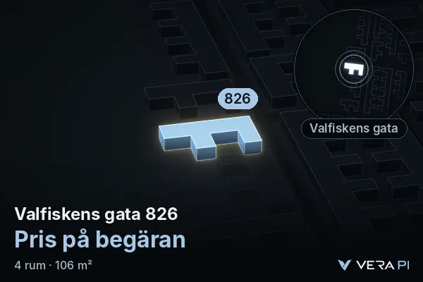 VERA PI:s bild av Valfiskens gata 826: huset i 3D, upplyst i blått, och kartan runt omkring