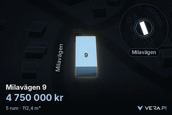 VERA PI:s bild av Milavägen 9: huset i 3D, upplyst i blått, och kartan runt omkring