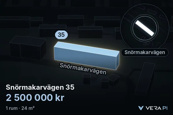 VERA PI:s bild av Snörmakarvägen 35: huset i 3D, upplyst i blått, och kartan runt omkring