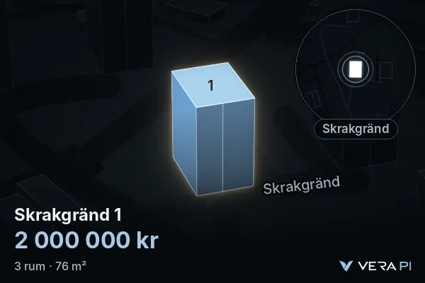 VERA PI's image of Skrakgränd 1: the building in 3D, lit in blue, and the map around it