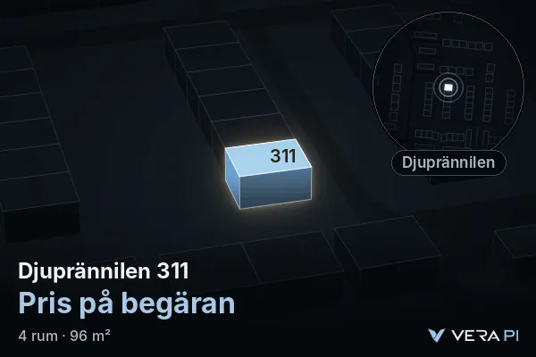VERA PI:s bild av Djuprännilen 311: huset i 3D, upplyst i blått, och kartan runt omkring
