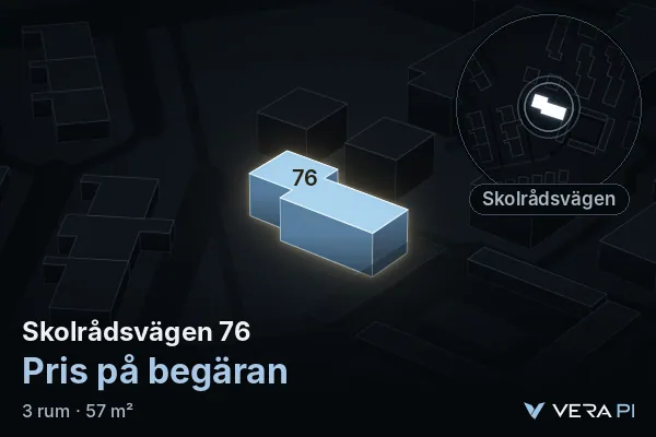 VERA PI:s bild av Skolrådsvägen 76: huset i 3D, upplyst i blått, och kartan runt omkring
