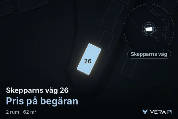 VERA PI's image of Skepparns väg 26: the building in 3D, lit in blue, and the map around it