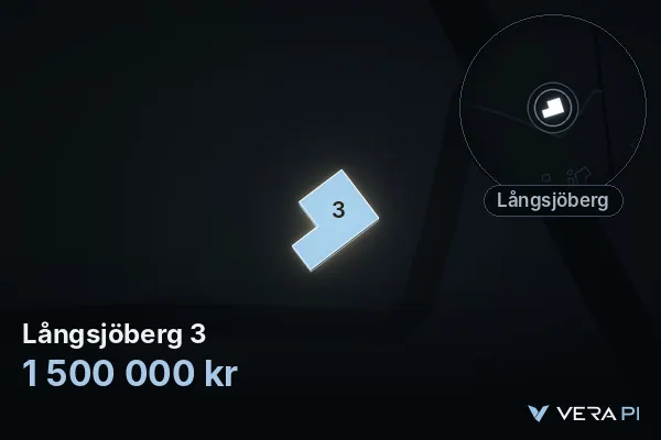 VERA PI:s bild av Långsjöberg 3: huset i 3D, upplyst i blått, och kartan runt omkring