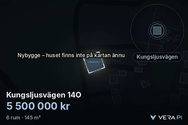 VERA PI:s bild av Kungsljusvägen 14O: huset i 3D, upplyst i blått, och kartan runt omkring