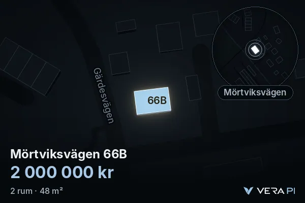VERA PI's image of Mörtviksvägen 66B: the building in 3D, lit in blue, and the map around it