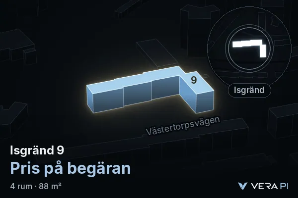 VERA PI's image of Isgränd 9: the building in 3D, lit in blue, and the map around it
