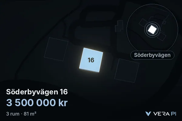 VERA PI's image of Söderbyvägen 16: the building in 3D, lit in blue, and the map around it