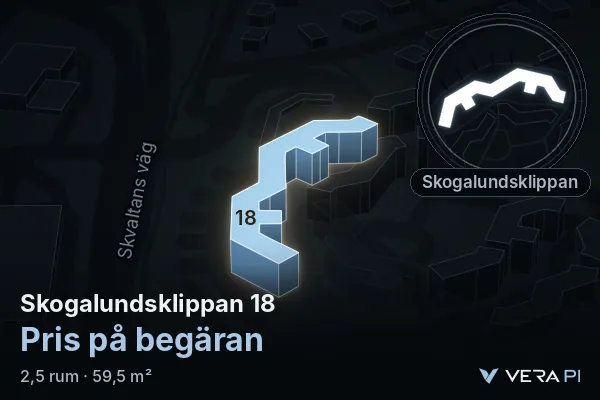 VERA PI:s bild av Skogalundsklippan 18: huset i 3D, upplyst i blått, och kartan runt omkring