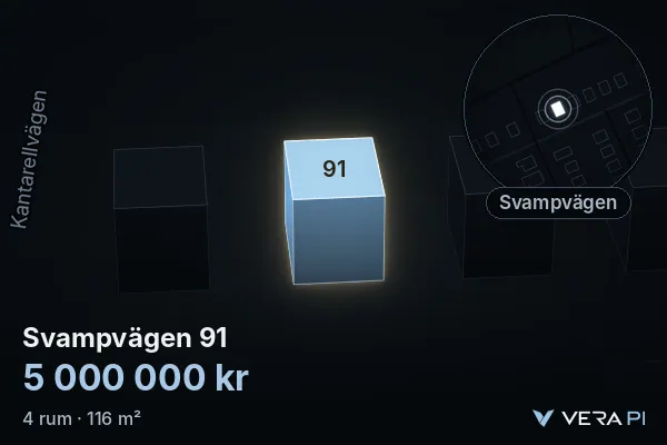 VERA PI's image of Svampvägen 91: the building in 3D, lit in blue, and the map around it