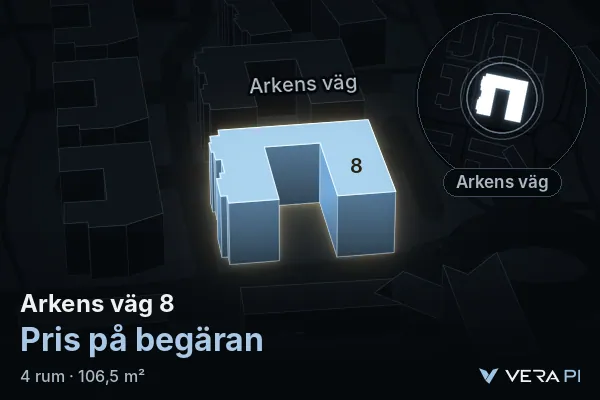 VERA PI:s bild av Arkens väg 8: huset i 3D, upplyst i blått, och kartan runt omkring