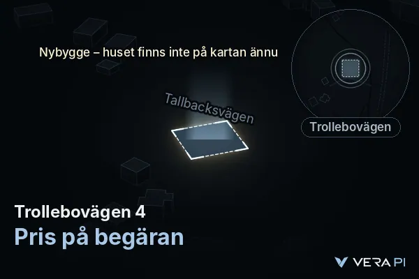 VERA PI:s bild av Trollebovägen 4: huset i 3D, upplyst i blått, och kartan runt omkring