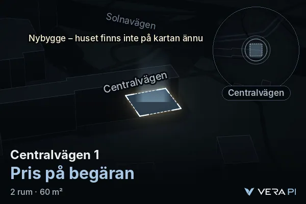 VERA PI's image of Centralvägen 1: the building in 3D, lit in blue, and the map around it