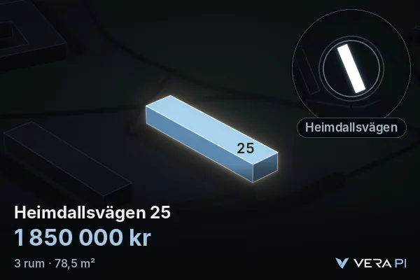 VERA PI:s bild av Heimdallsvägen 25: huset i 3D, upplyst i blått, och kartan runt omkring