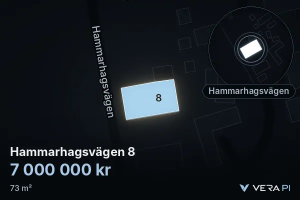 VERA PI:s bild av Hammarhagsvägen 8: huset i 3D, upplyst i blått, och kartan runt omkring