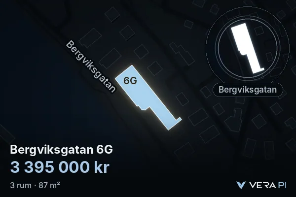 VERA PI:s bild av Bergviksgatan 6G: huset i 3D, upplyst i blått, och kartan runt omkring