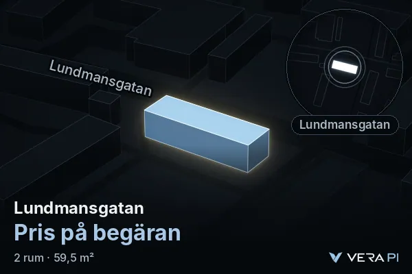 VERA PI's image of Lundmansgatan: the building in 3D, lit in blue, and the map around it
