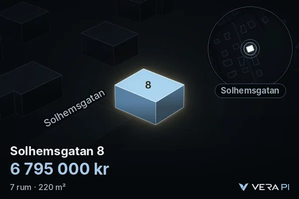 VERA PI's image of Solhemsgatan 8: the building in 3D, lit in blue, and the map around it