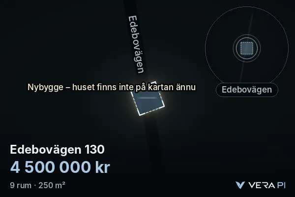 VERA PI:s bild av Edebovägen 130: huset i 3D, upplyst i blått, och kartan runt omkring