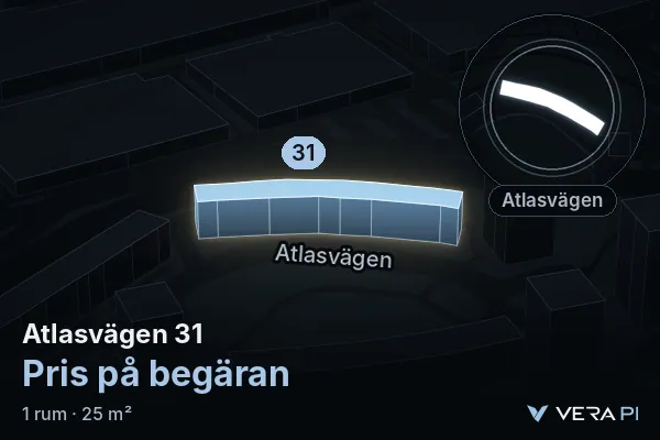 VERA PI:s bild av Atlasvägen 31: huset i 3D, upplyst i blått, och kartan runt omkring