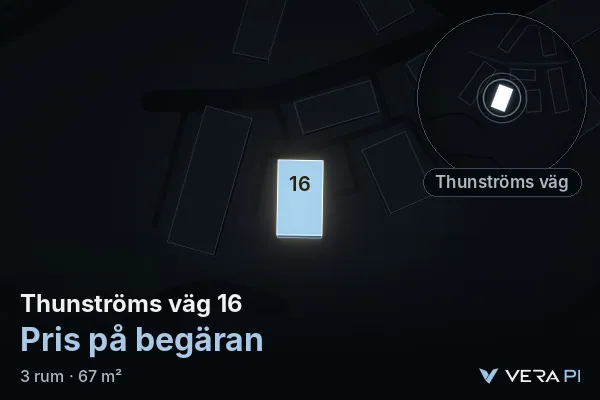VERA PI:s bild av Thunströms väg 16: huset i 3D, upplyst i blått, och kartan runt omkring