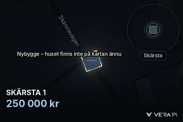 VERA PI:s bild av SKÄRSTA 1: huset i 3D, upplyst i blått, och kartan runt omkring