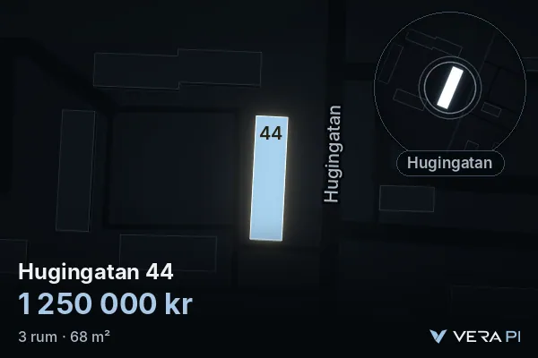 VERA PI:s bild av Hugingatan 44: huset i 3D, upplyst i blått, och kartan runt omkring