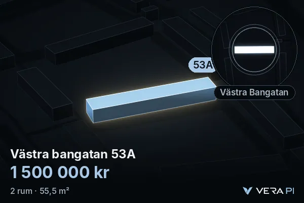 VERA PI:s bild av Västra bangatan 53A: huset i 3D, upplyst i blått, och kartan runt omkring