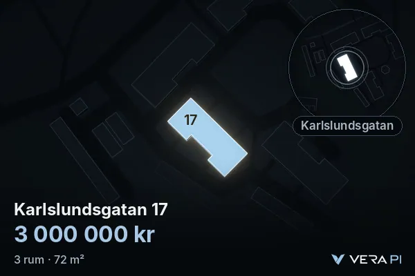 VERA PI's image of Karlslundsgatan 17: the building in 3D, lit in blue, and the map around it