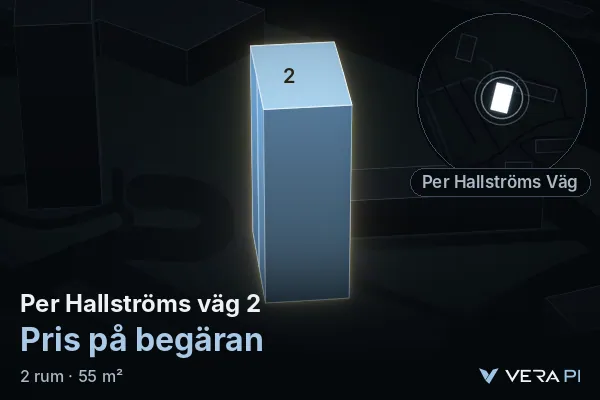 VERA PI:s bild av Per Hallströms väg 2: huset i 3D, upplyst i blått, och kartan runt omkring