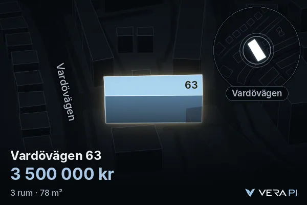 VERA PI:s bild av Vardövägen 63: huset i 3D, upplyst i blått, och kartan runt omkring