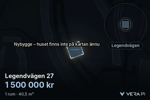 VERA PI's image of Legendvägen 27: the building in 3D, lit in blue, and the map around it